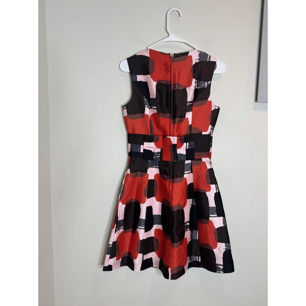 Kate Spade Dress Womens 2‎ Pink Red Black Sleeveless Fit Flare Abstract Silk Bow